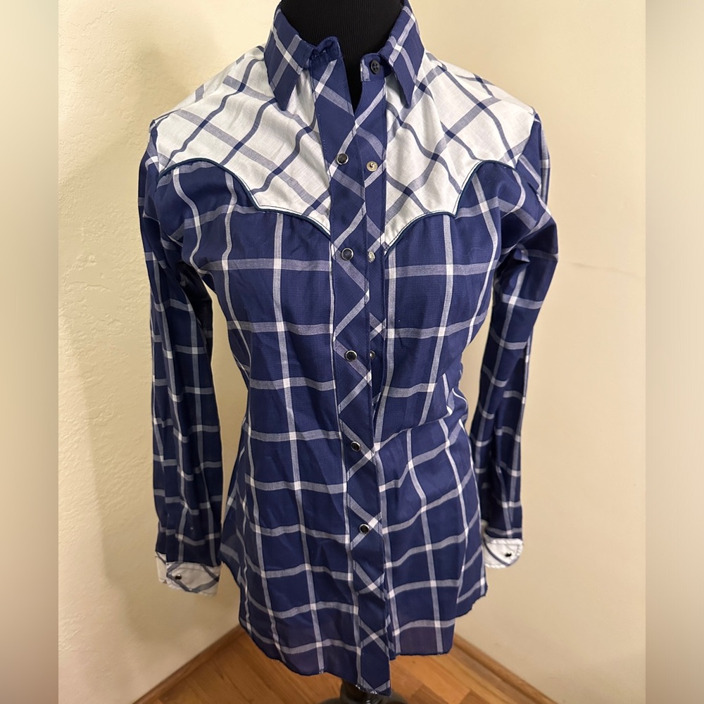 Miss Rodeo America Pearl Snap Long Sleeve Shirt Blue Paid Vintage Size 13/14
